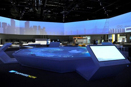 The event production team designed a massive video octagon that encompassed close to 225 diagonal feet and flown 14 feet above the open concept interactive area, better known as the SAP Experience Zone.