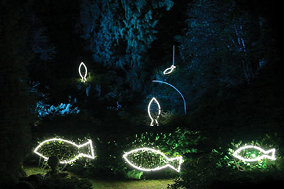 Entec Lighting Provides Gear, Crew and Light Sculpture for Larmer Tree Festival. Photo by Gary Chandler