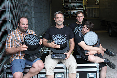 From left, Christian Kohl (Motion Light, Fürth owner); Sven Heindl (Robe distributor LMP); Marcus Armbrust (Motion Light, Fürth Service department ); Jan Kerschbaum (Motion Light, Fürth Stock department)
