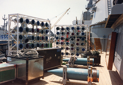 Samples of Pearce's handiwork include these pods on the Battleship Missouri in support of Cher's 