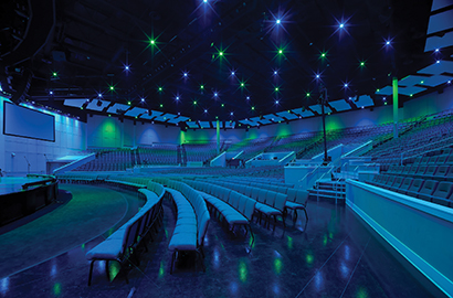 Celebration Church installed 96 Chroma-Q Inspire fixtures above the seating areas within a recently constructed worship arena in Jacksonville, FL