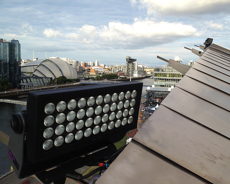 dbn Lighting P-5s are rigged to the roof of the Glasgow Science Centre in preparation for a major event.