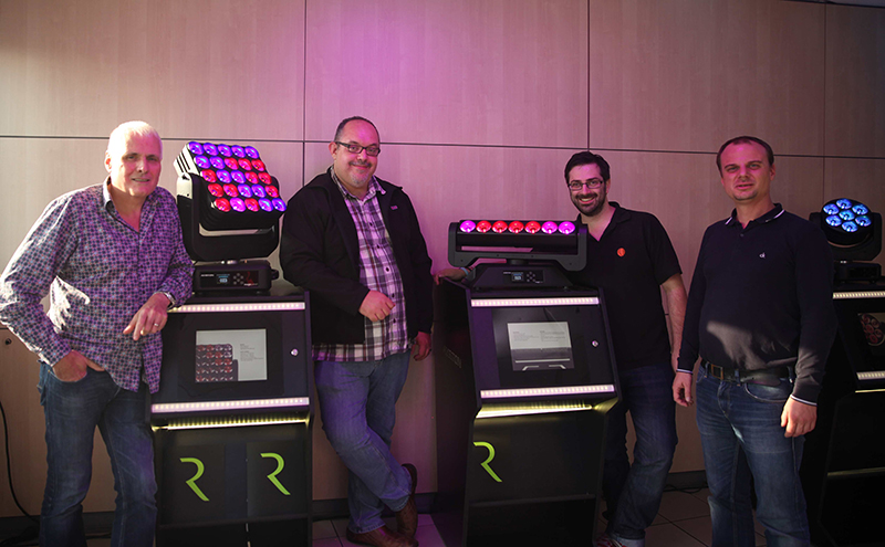 Pictured here, from left, is Yvan Péard, Ayrton general manager; Lee House and Matt Cowles, Ambersphere technical sales; and Valère Huart, Ayrton international sales manager. Photo by Jean N’Guyen.