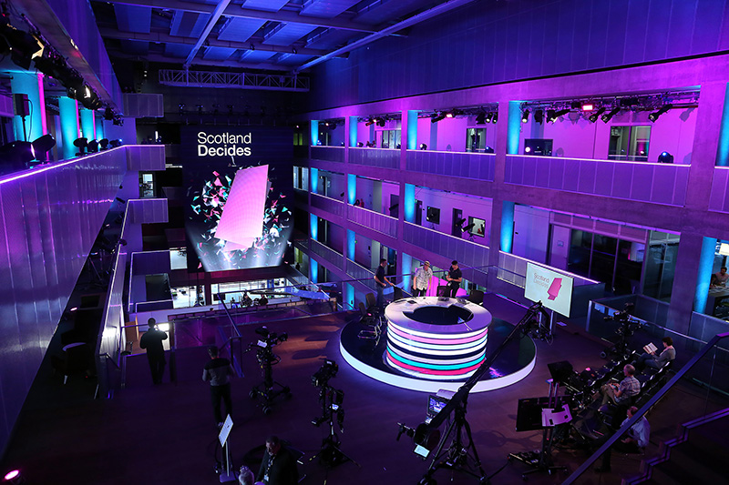 The Street at Pacific Quay on Referendum Night, illuminated with SGM P-5s