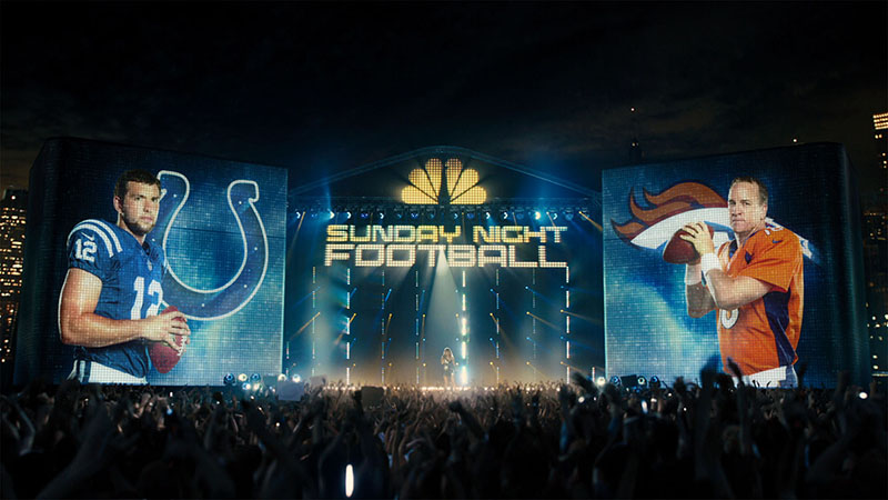 NBC’s 2014 NFL Sunday Night Football intro, featuring Carrie Underwood singing “Waiting All Day for Sunday Night,” features a lighting design by LD Benoit Richard that makes use of a back wall comprised of 72 Robe CycFX 8 and Pointe fixtures