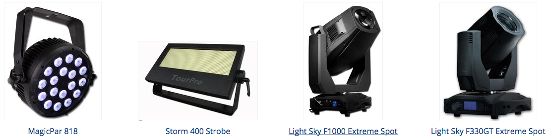SHS Global, a distributor of new and used lighting, video and audio equipment with offices in North America, South America, Australia and Europe, has been named master distributor of TourPro Lighting Solutions. TourPro offers a variety of fixtures. Pictured here, from left, are the company’s MagicPar 818, Storm 400 Strobe, Light Sky F1000 Extreme Spot and Light Sky F330GT Extreme Spot.