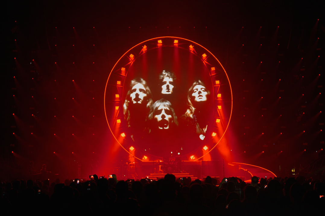 Ayrton MagicPanel 602 fixtures light up the large Q seen on the Queen + Adam Lambert tour. Photo by LD Rob Sinclair.
