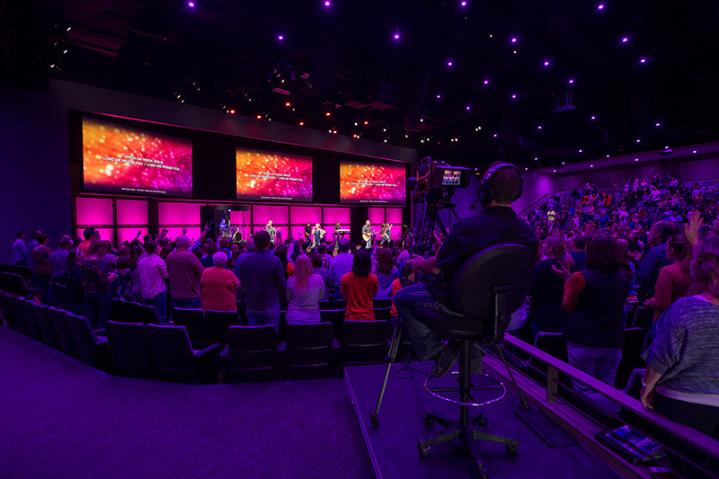Valley Creek Church recently upgraded the lighting in its 1,400-seat Flower Mound auditorium by installing more than 120 Chroma-Q Inspire LED house lights