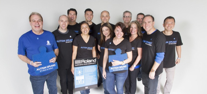 Shown is part of Roland U.S. staff wearing blue in support of National Autism Awareness Day, April 2, 2015, and the Light It Up Bluecampaign.