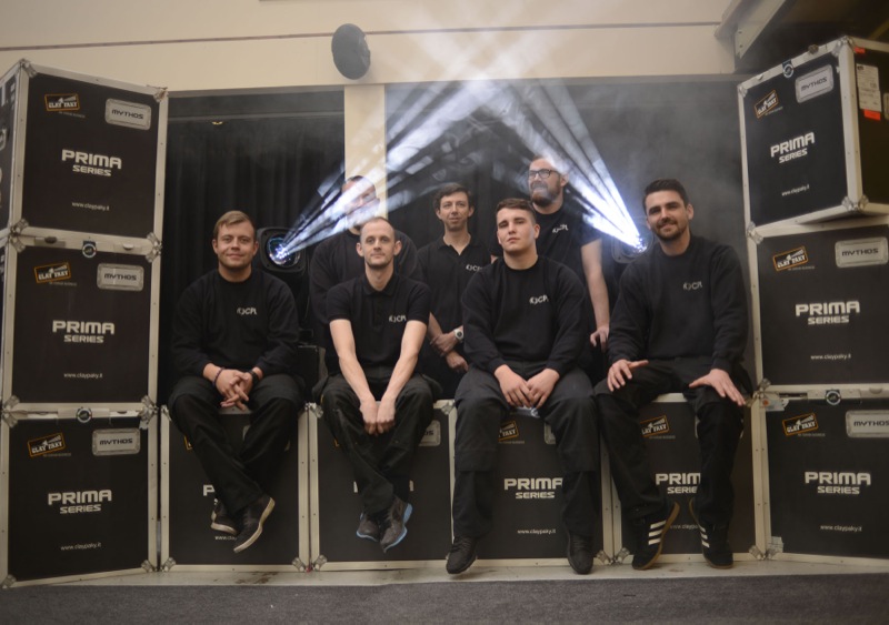 Back Row L-R : David Brittle (Warehouse Technician), Gregory McDougal (AV Technician), Gareth Duckhouse (Lighting Technician) Front Row L-R : Tom Wheelan (AV Technician), James Smith (Warehouse Manager) Jamie Gallet (AV Technicia) and. Sam Starkey (Video Technician) … with some of their new Clay Paky fixtures.