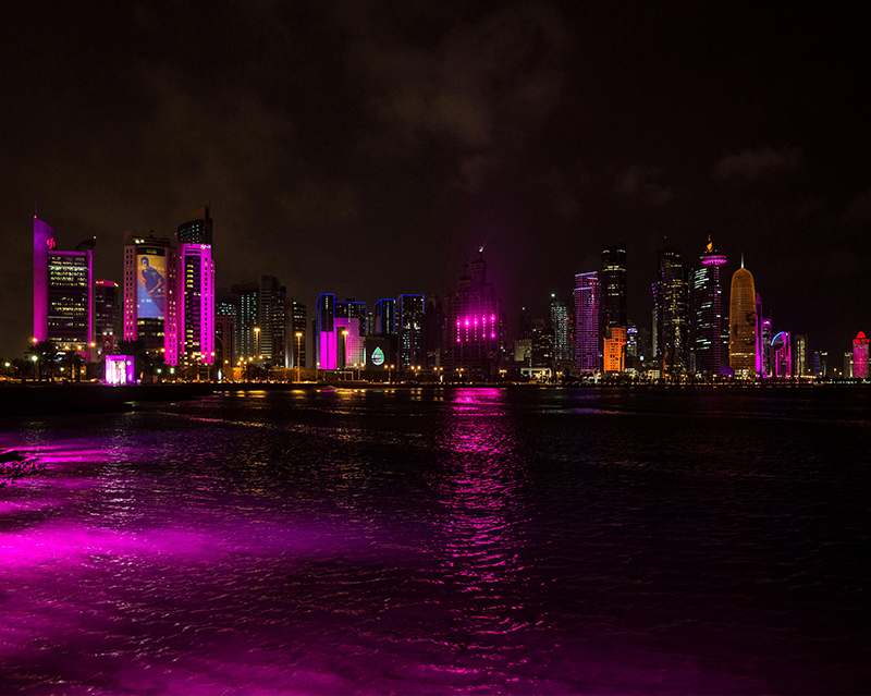 The Doha Corniche Skyline was illuminated with a dynamic lightshow highlighting the Doha Skyline with the colors of the celebration