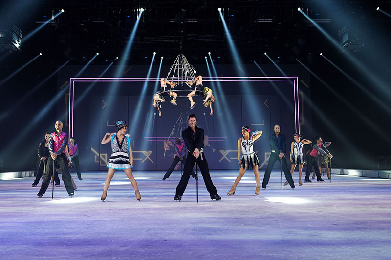 six Barco HD projectors - two 26Ks feeding the projection surfaces at one end of the space comprising six rotating projection panels framed by a 3D shaped theatre portal - with four 20Ks projecting down onto the ice were provided by Painting with Light (c) Stephanie Pistel