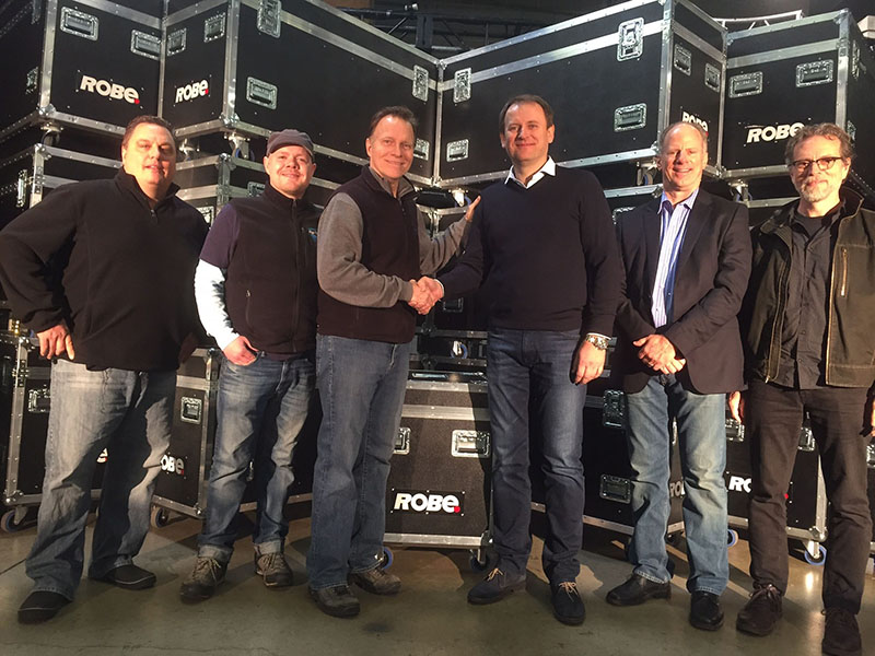 Left to right Russ Armentrout (President), Matt Hubbell and Douglas Peterson (Owner) of Performance Lighting, with Josef Valchar, (CEO of Robe s.r.o.), Bob Schacherl (CEO of Robe Lighting Inc.) and John McDowell (Sales Manager Central US Region Robe Lighting Inc.)