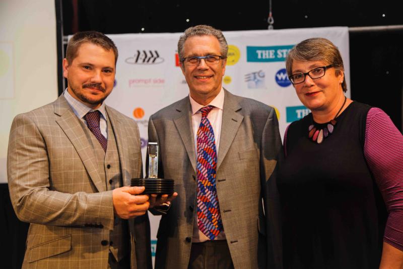 Winners of the ABTT 2015 Engineering Product of the Year Theatre Award Patrick Santini, CEO ModTruss and David Edelstein, MD Triple E, with ABTT chairman Louise Jeffreys (c) Sam Shrimpton
