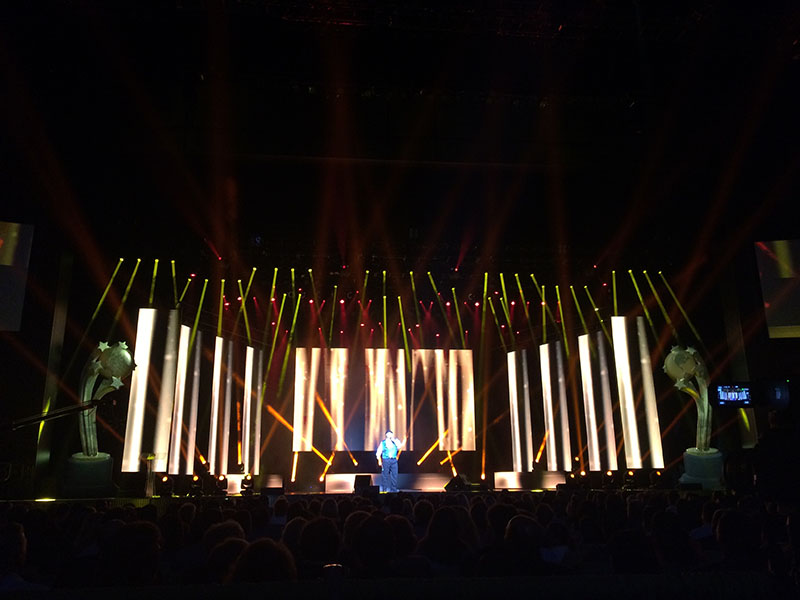 a house rig of automated spot and wash fixtures was supplemented with 36 high-output Elation Razyor Beam 2R and 24 Platinum Beam 5R Extreme beam fixtures.