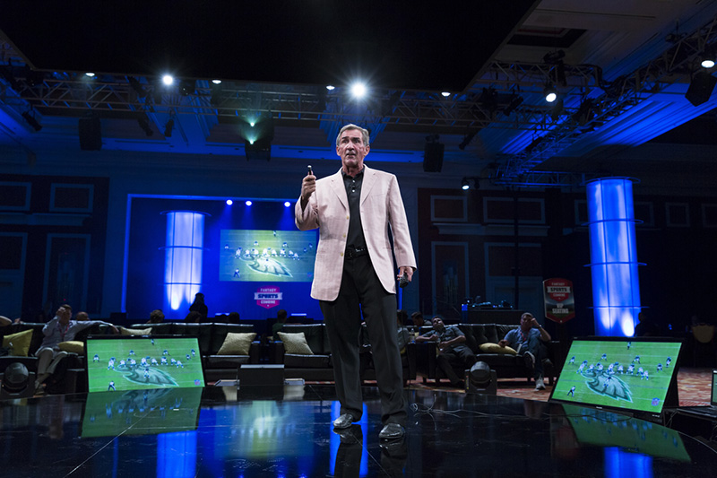 The Fantasy Sports Combine launched this year, bringing fantasy experts, pro athletes, and coaches together to the Bellagio Hotel & Casino in Las Vegas on July 18. Greg Cohen of Unlimited Visibility Lighting Design (UVLD) lit the event with gear supplied by 4Wall Las Vegas. Pictured here, NFL coach Mike Shanahan.