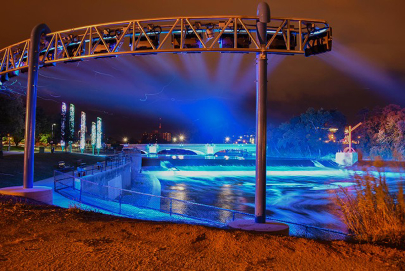 The city of South Bend, Indiana is celebrating 150 years. LD Rob Shakespeare developed an interactive lighting display called South Bend River Lights using 80 Martin Exterior 400 and Tripix Wash LED fixtures to illuminate the St. Joseph River.