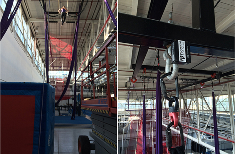 Bungee performer preps for stunt (left). On right, the BroadWeigh gear.