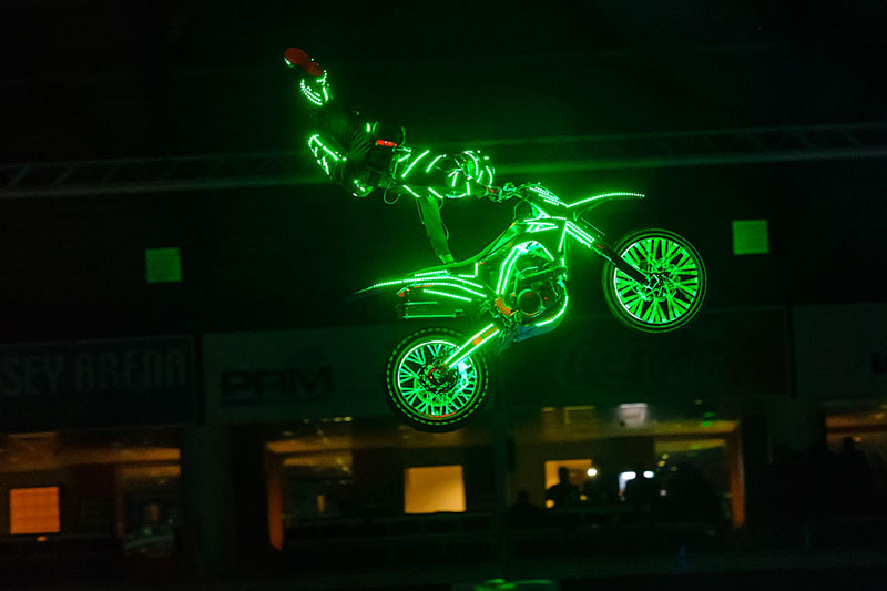 Shock FX customized the motorcycle with Enttec DIN LED modules powered by a LiPo cell battery. The LEDs were controlled in an eight-zone configuration via W-DMX wireless lighting control.