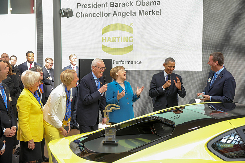 President Obama and Chancellor Merkel both visited Harting's booth in Hannover, Germany