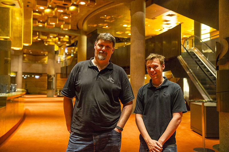 From left, Bernie Manchee, Head of Lighting for Arts Centre Melbourne with Trent Barclay, Lighting Systems Specialist