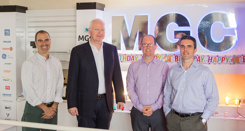 MGC Lighting management team. From left, Leoncio Ramírez Monzon, Spain sales manager; James Greig, managing director; David Jackson, director; and Steve Claydon, U.K. sales manager.