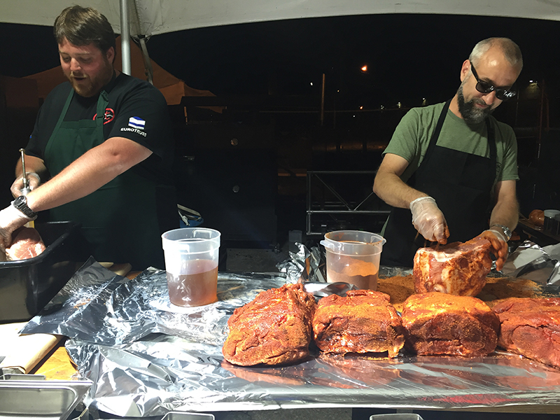 Brian Dowd, VP of sales at A.C.T Lighting, is also a BBQ chef. He and co-workers strapped on their aprons and began cooking real southern barbecue in the Soundcheck parking lot at 9 pm for meal service from noon to 6 pm the next day.