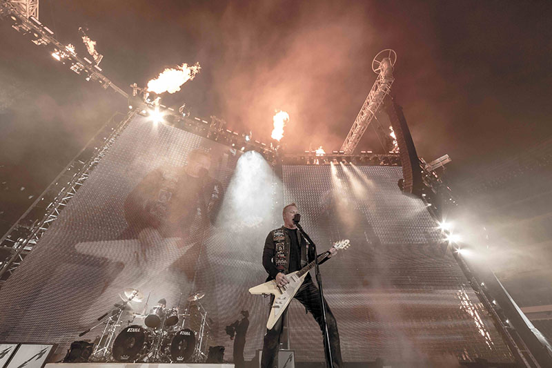 Lighting director Rob Koenig is using Martin Axiom Hybrid fixtures and Atomic 3000 LED strobes for the tour, which also features huge LED video screens. Photo by Brett Murray.